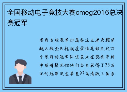 全国移动电子竞技大赛cmeg2016总决赛冠军